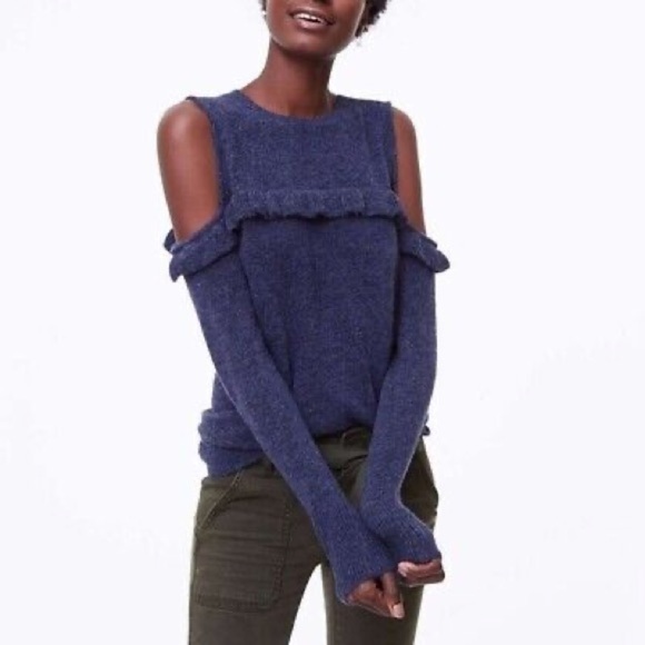 LOFT Dark Blue Cold Ruffle Shoulder Knit Sweater Women’s Size Medium Feminine - Picture 1 of 13